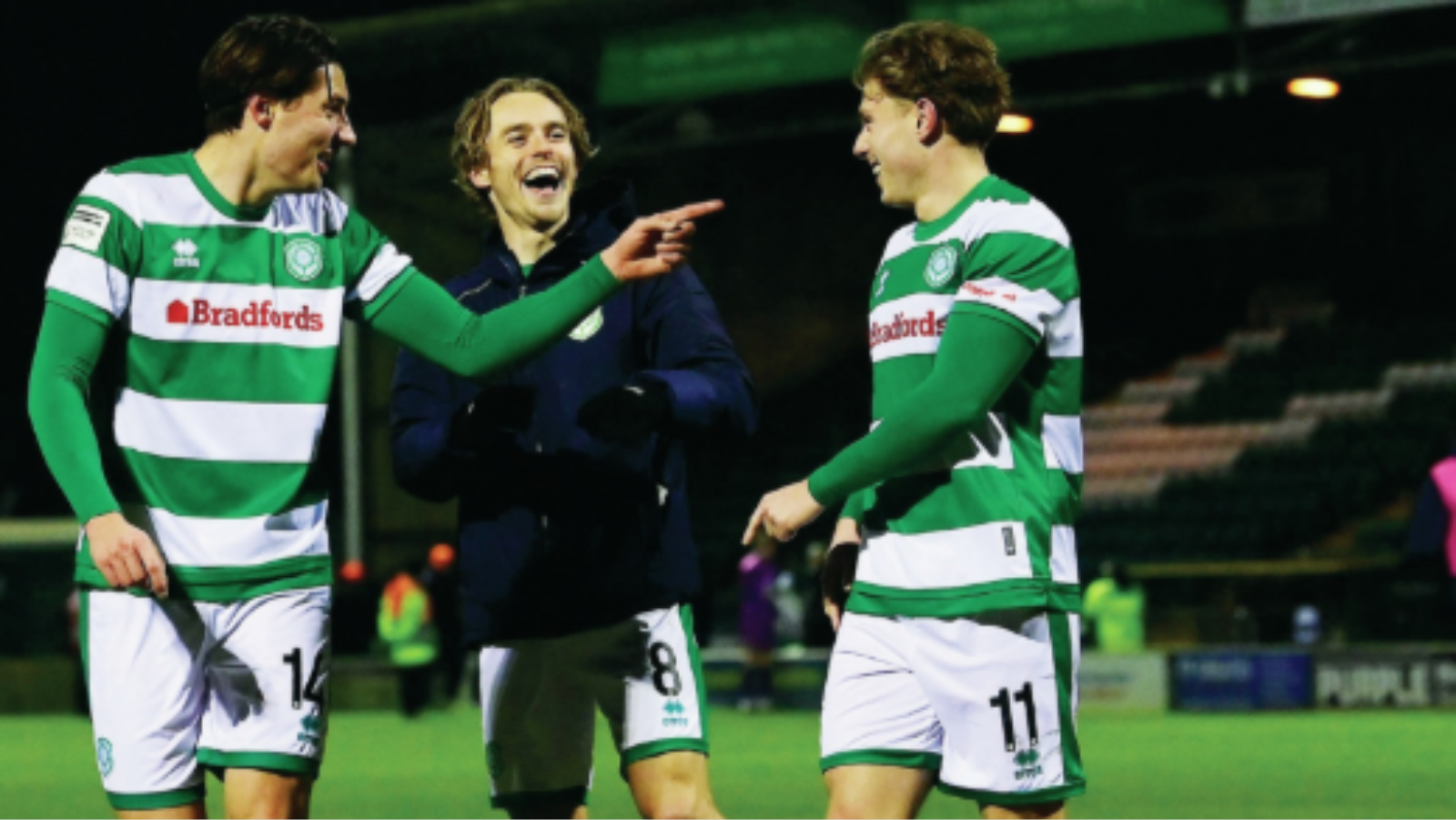 Yeovil scorers Brett McGavin, Luke McCormick and James Daly celebrate at full-time