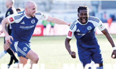 Isaac Buckley-Ricketts wheels away after scoring Macclesfield’s second goal