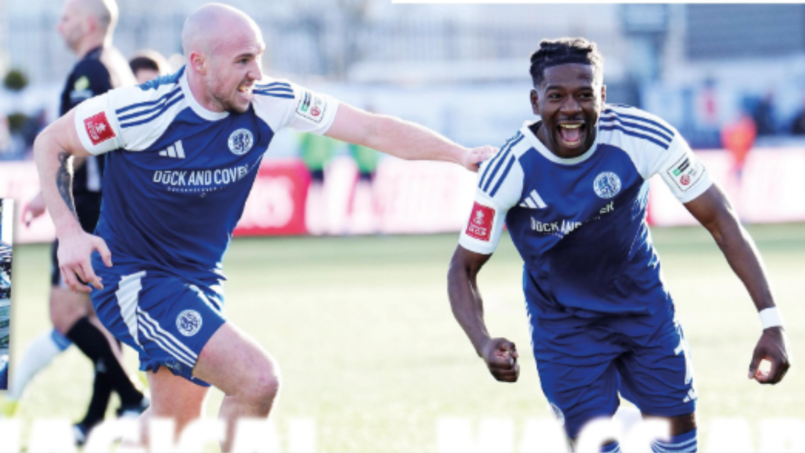 Isaac Buckley-Ricketts wheels away after scoring Macclesfield’s second goal
