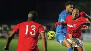 Tope Fadahunsi goes down for a second half penalty