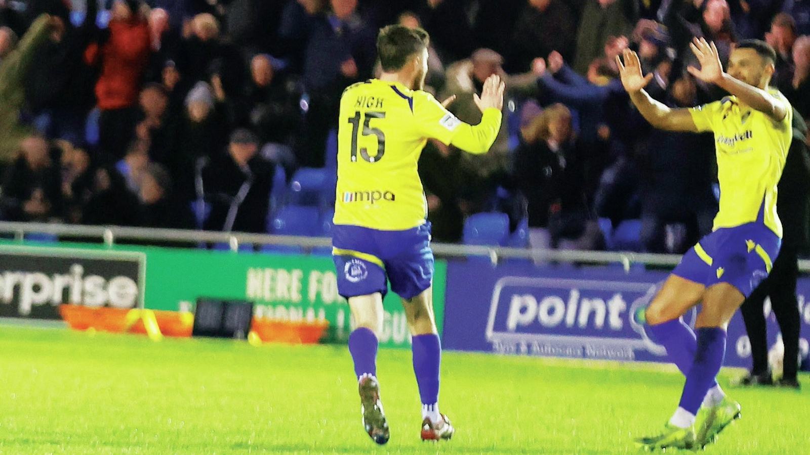 Scott High, left, takes the plaudits after scoring Solihull’s last-gasp equaliser