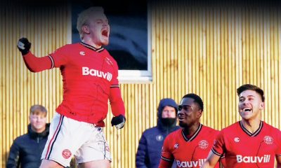 Chatham’s Matty Macarthur leads the celebrations after his free-kick winner