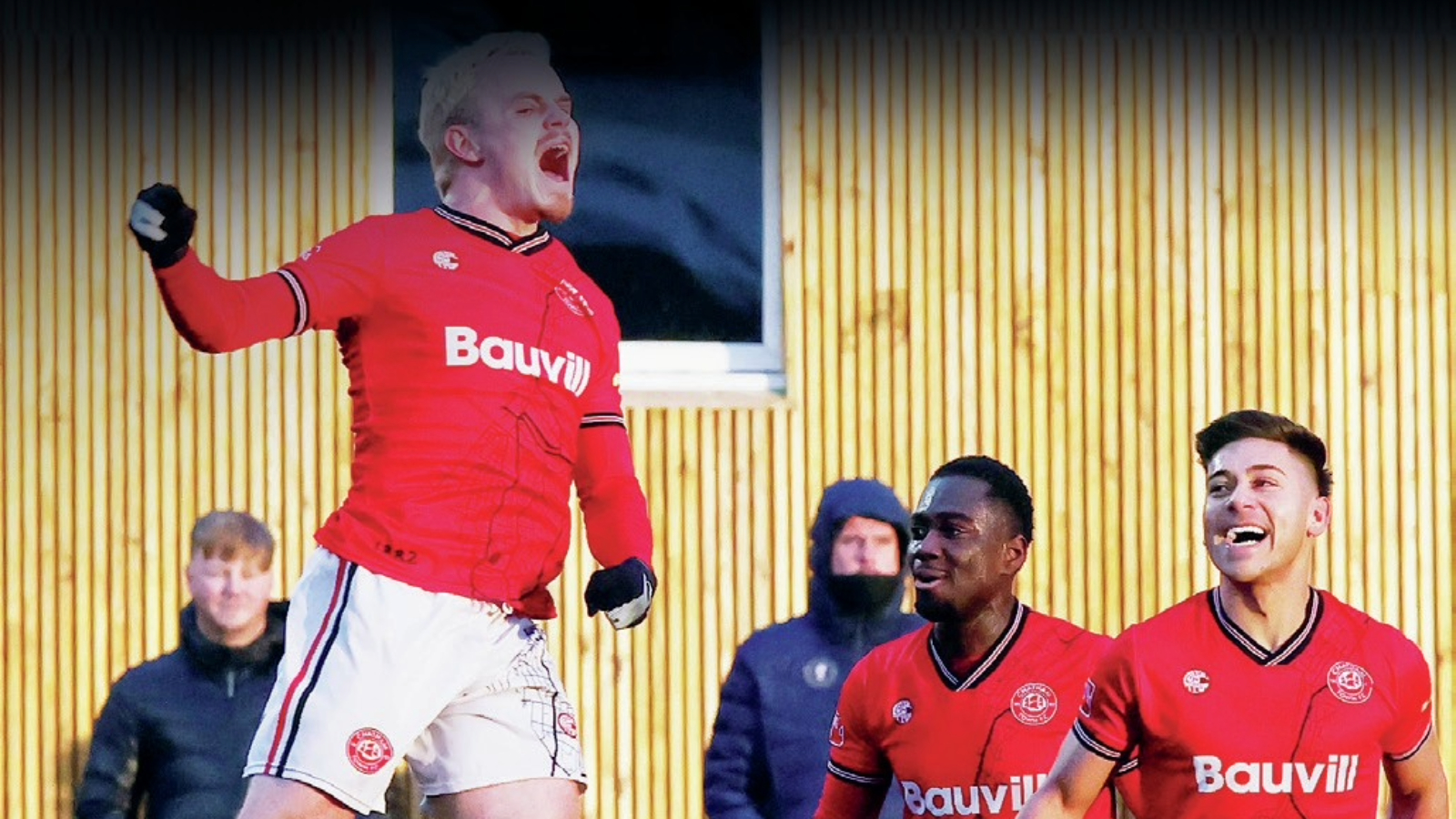 Chatham’s Matty Macarthur leads the celebrations after his free-kick winner