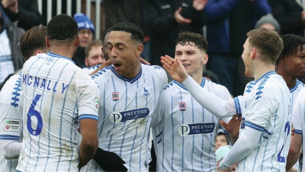 Hartlepool United’s Alex Reid celebrates after scoring their first goal from the penalty spot