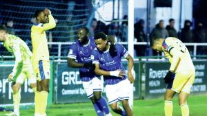 Stones goalscorer Micah Obiero celebrates with Fela Olomola
