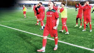 Coventry United’s Danny Fraser leads the celebrations after his side knocked out North Shields