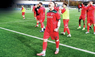 Coventry United’s Danny Fraser leads the celebrations after his side knocked out North Shields