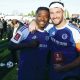Macclesfield FC goalscorers Isaac Buckley-Ricketts, left, and Paul Dawson, right, celebrate Macclesfield’s historic victory over Crystal Palace
