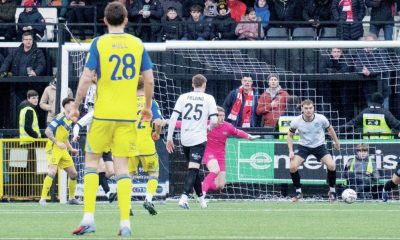 Scarborough’s Stephen Walker shapes up to fire Scarborough level at the start of the second half
