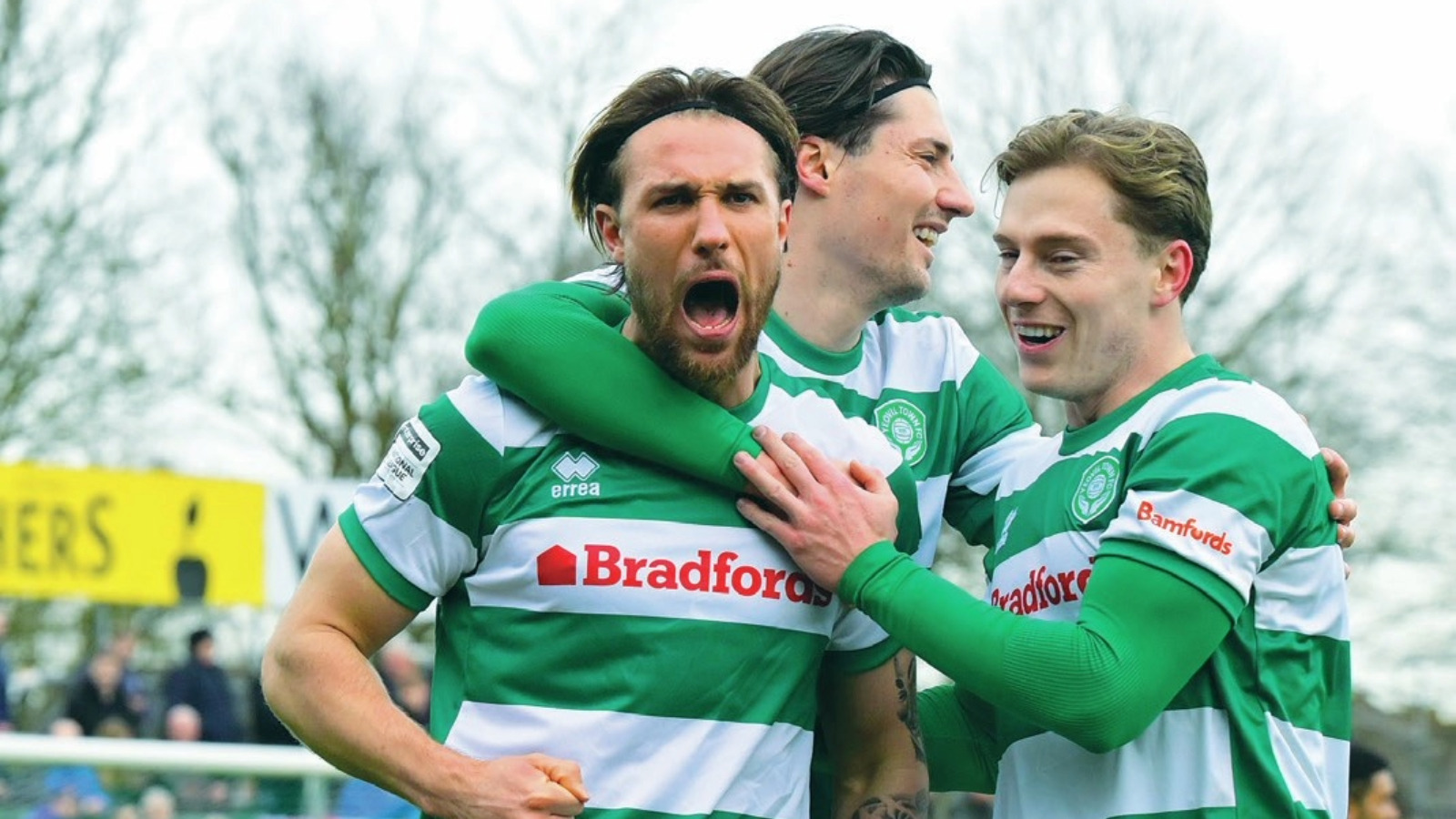 Yeovil’s Finn Cousin-Dawson, left, celebrates his leveller