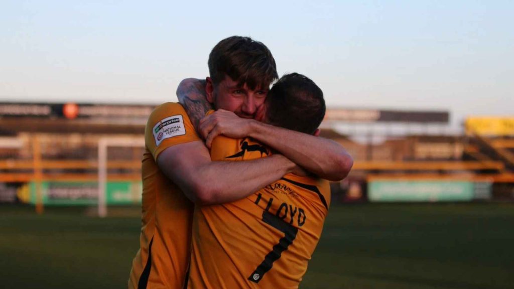 Southport’s decisive penalty taker Danny Lloyd celebrates