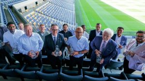 Last year’s NGA winners parade their trophies at AFC Wimbledon