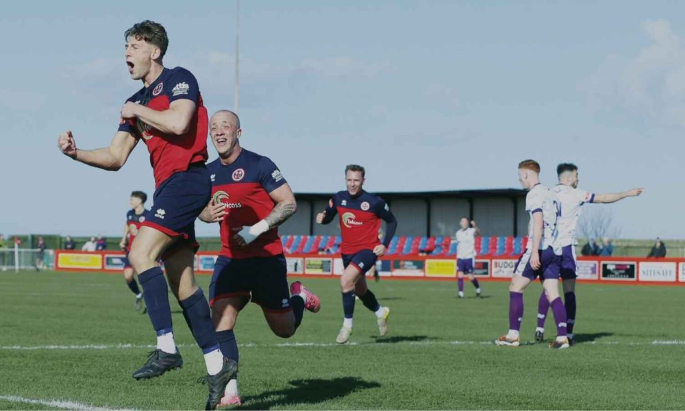 Redcar Athletic players celebrate as the Steelmen keep firing after sealing the title.