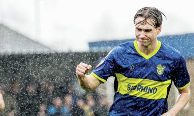 Spalding United’s Jack Roberts wheels away after scoring from the penalty spot