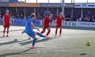 Teddy Collis scores Billericay Town’s winning penalty