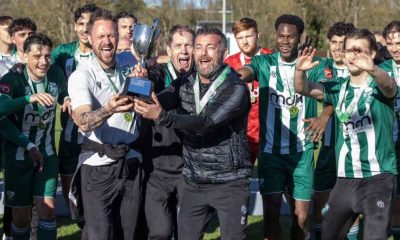 Ian Selley, front right, leads the celebrations for Leatherhead