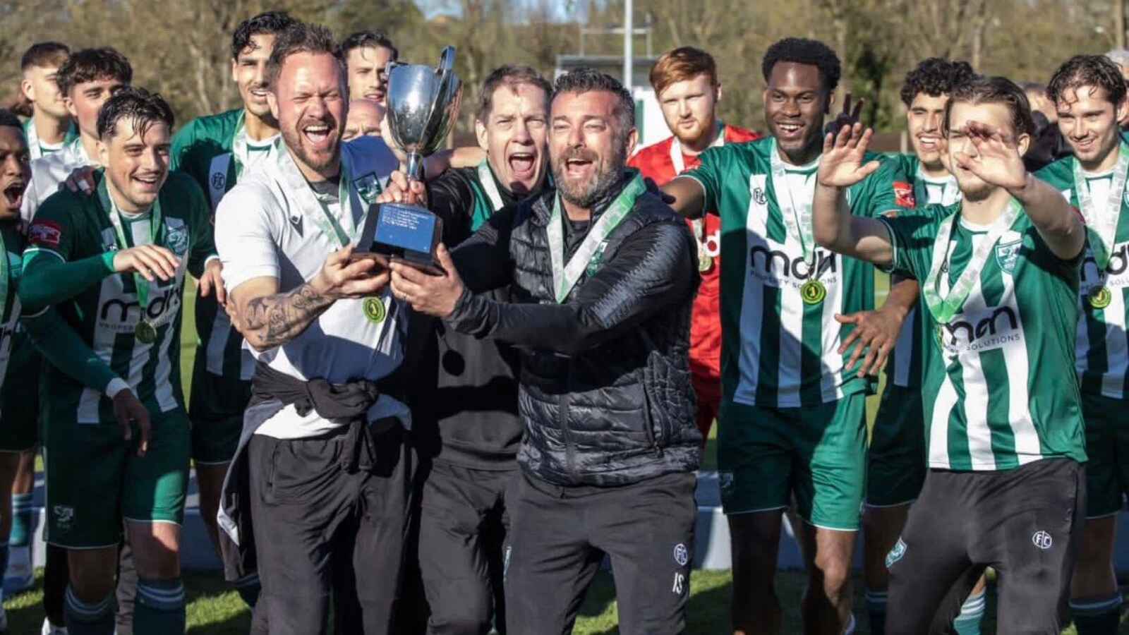 Ian Selley, front right, leads the celebrations for Leatherhead