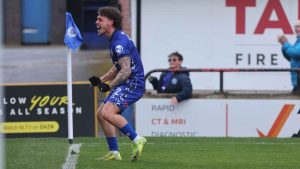 Luke Hannant can’t hide his delight after scoring Rochdale’s late winne