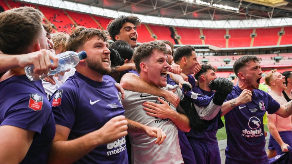 AFC Stoneham celebrate after completing a memorable season with FA Vase success at Wembley