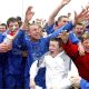 Accrington Stanley players celebrate winning promotion to the Football League