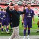 AFC Stoneham boss James Phillips soaks in the Wembley atmosphere after guiding the Purps to FA Vase glory