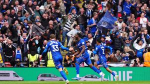 Mani Dieseruvwe celebrates after keeping Rochdale’s EFL dream alive with a dramatic stoppage-time equaliser at Wembley