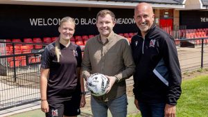 Darlington representatives Millie Garrett and David Dawson with Amazon MME1 site lead Jack Doherty (middle) at Blackwell Meadows.