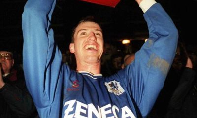 Macclesfield Town captain Neil Howarth shows off the Vauxhall Conference trophy