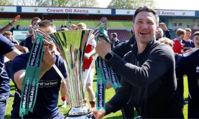 Stuart Maynard celebrates winning the National League with York City last season.