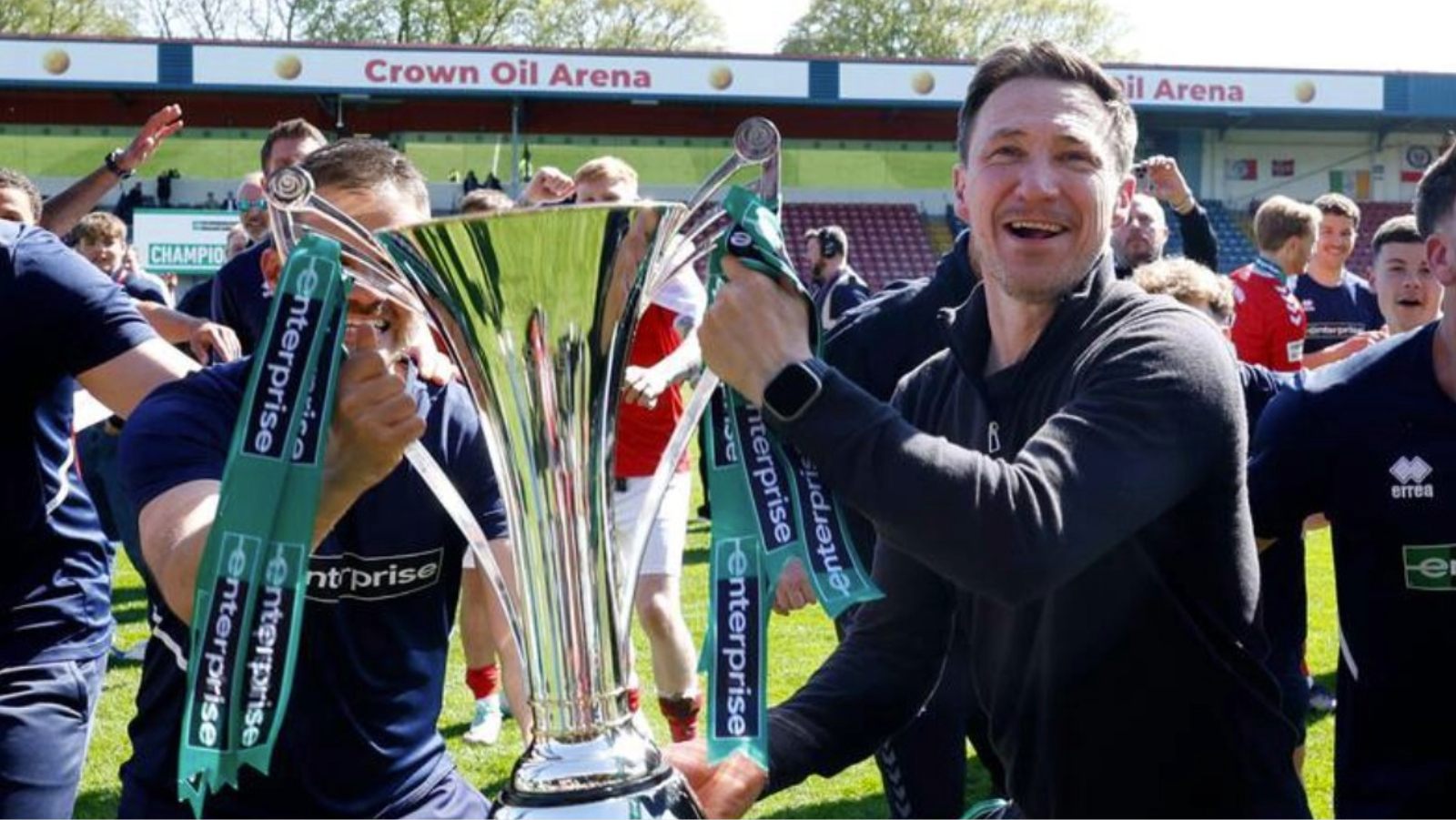 Stuart Maynard celebrates winning the National League with York City last season.