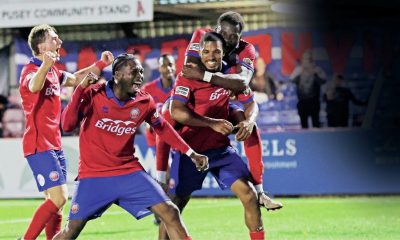 Tristan Abrahams leads the celebrations after scoring his second goal for Aldershot Town