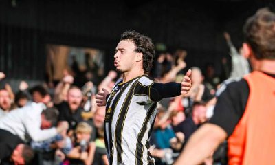 Scott Bakkor celebrates after his brace helped Stafford Rangers secure a famous FA Cup victory over Hereford.