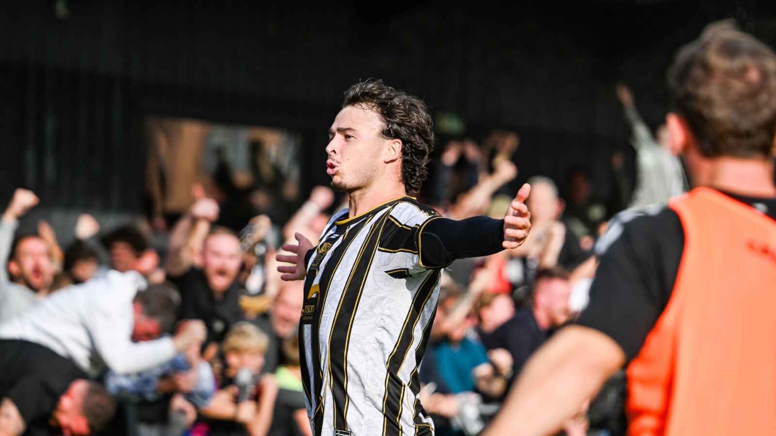 Scott Bakkor celebrates after his brace helped Stafford Rangers secure a famous FA Cup victory over Hereford.