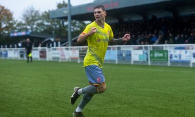 Riley McLachlan races away to celebrate his decisive goal for Alfreton Town.
