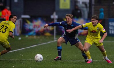 Hereford’s Fin Holmes, right, battles with Macclesfield’s Fin Shrimpton