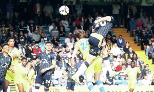 AIMING HIGH: Ben Goodliffe heads home in last Saturday’s 3-0 win over Wealdstone, which put Southend into the play-off places PICTURE: Focus Images
