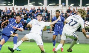 FINISH: Chester’s Harrison Burke fires in their extra-time winner against Buxton PICTURE: Rick Matthews