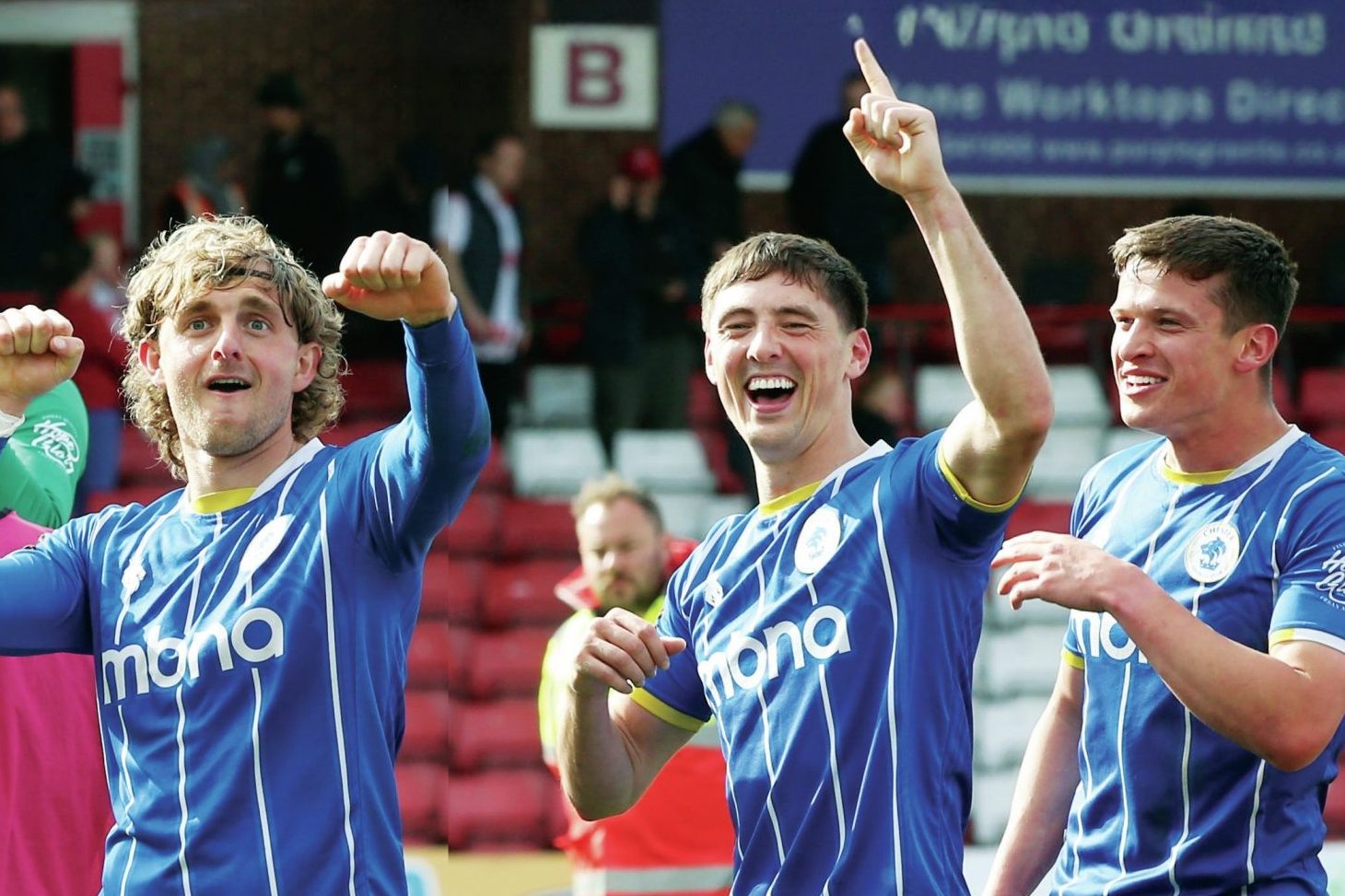 OB DONE: Chester trio Jack Bainbridge, Connor Woods and Harrison Burke celebrate beating Kidderminster PICTURE: Rick Matthews