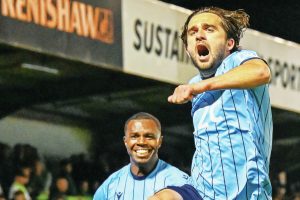 JACK IN THE BOX: Jack Bridge can’t hide his delight as he races towards the Southend fans after scoring his late equaliser PICTURE: Focus Images