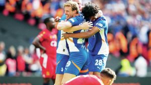 GLEE: Oldham celebrate promotion to the EFL after a dramatic fightback, insets PICTURE: Alamy