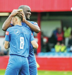UP AND RUNNING: Veteran striker Craig Westcarr, right, takes the plaudits after his four-goal salvo for Sherwood Colliery on the opening day PICTURE: Garry Griffiths