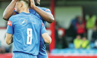 UP AND RUNNING: Veteran striker Craig Westcarr, right, takes the plaudits after his four-goal salvo for Sherwood Colliery on the opening day PICTURE: Garry Griffiths