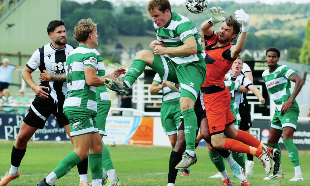 GOALMOUTH SCRAMBLE: Yeovil’s keeper Matt Gould attempts to clear a Bath City corner PICTURE: Simon Howe