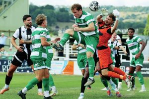 GOALMOUTH SCRAMBLE: Yeovil’s keeper Matt Gould attempts to clear a Bath City corner PICTURE: Simon Howe