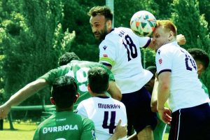 DOCTOR FEELGOODS: Former Yeovil player Rob Clowes heads at goal for Great Britain against Panama.  PICTURES: Anya Suppermpool and Emily McKay