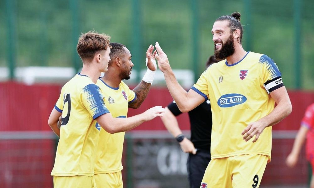 PUT IT THERE, PAL: Andy Carroll, pictured congratulating new striker partner Ashley Hemmings, says he is relishing the ‘exciting project’ at Dagenham & Redbridge PICTURE: Ian Christy/Alamy