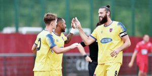 PUT IT THERE, PAL: Andy Carroll, pictured congratulating new striker partner Ashley Hemmings, says he is relishing the ‘exciting project’ at Dagenham & Redbridge PICTURE: Ian Christy/Alamy