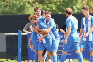 BOY WONDER: Archie Thurston is congratulated by his Pershore teammates after scoring the winner PICTURE: Gary Learmonth