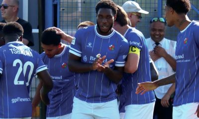 DOUBLE DELIGHT: Wealdstone celebrate their second goal from Dominic Hutchinson PICTURE: Jon Taffell