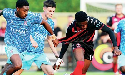 GETTING SHIRTY: Dominic Johnson-Fisher of Truro City is pulled back by York’s Malachi Fagan-Walcott PICTURE: Pinnacle